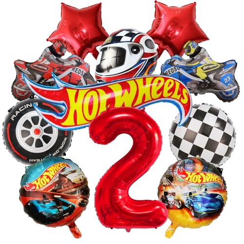 cars geburtstagsdeko, 11PCS Rennwagen Folienballons 2 Jahre Junge Helm, RennautoBallons, Motorrad, schwarz-weiß karierte Rennauto Folienballons Set von JPWPFAA