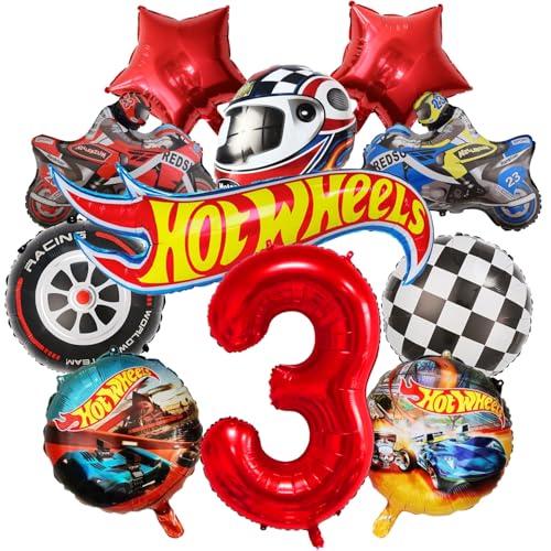 cars geburtstagsdeko, 11PCS Rennwagen Folienballons 3 Jahre Junge Helm, RennautoBallons, Motorrad, schwarz-weiß karierte Rennauto Folienballons Set von JPWPFAA