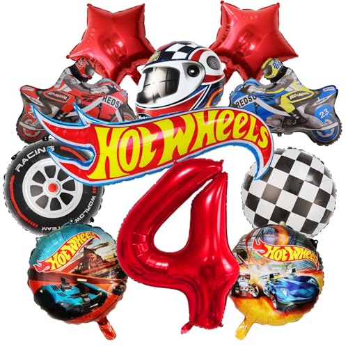 cars geburtstagsdeko, 11PCS Rennwagen Folienballons 4 Jahre Junge Helm, RennautoBallons, Motorrad, schwarz-weiß karierte Rennauto Folienballons Set von JPWPFAA