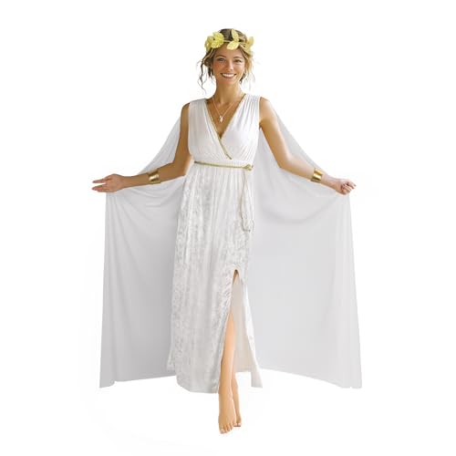 JPXH Damen Griechische Göttin Kostüm Set Toga Kleid Römischer Adel Halloween Cosplay Outfit, Weiss/opulenter Garten, L von JPXH
