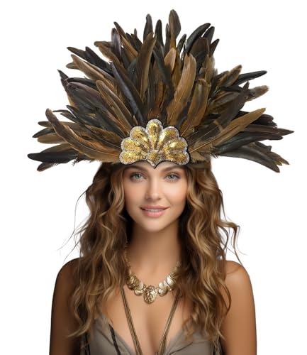 JPXH Feder Karneval Kopfschmuck Pailletten Krone Kopfschmuck Showgirl Kostüm Zubehör (Braun) von JPXH
