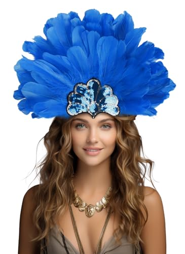 JPXH Feder Kopfschmuck Krone mit Federn Silber Pailletten Tiara Design Showgirl Karneval Kostüm Kopfschmuck (blau) von JPXH