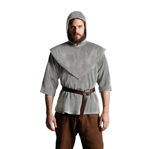 JPXH Mittelalterliches Ritter-Kostüm, Kunstkette, Mail-Rüstung, Tunika mit Kapuze und Gürtel, Renaissance-Outfit, Grau, XL von JPXH