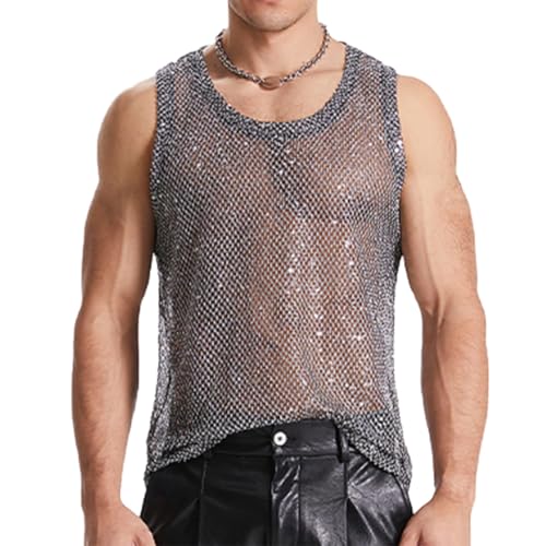 Men's Mesh Shirt Transparent Sleeveless Muscle Top(Size:M,Color:Grau) von JPXJGT
