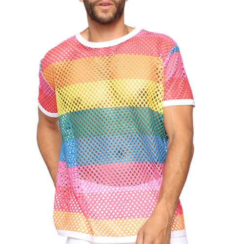 JPXJGT Men's See Through Mesh Fishnet Shirt Short Sleeve Muscle Undershirts Tee Tops Clubwear (Size:XL,Color:Regenbogen) von JPXJGT