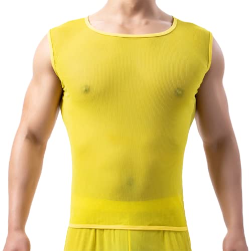 JPXJGT Men's See-Through Sheer Mesh Fishnet Sleeveless Muscle Top (Size:M,Color:Gelb) von JPXJGT