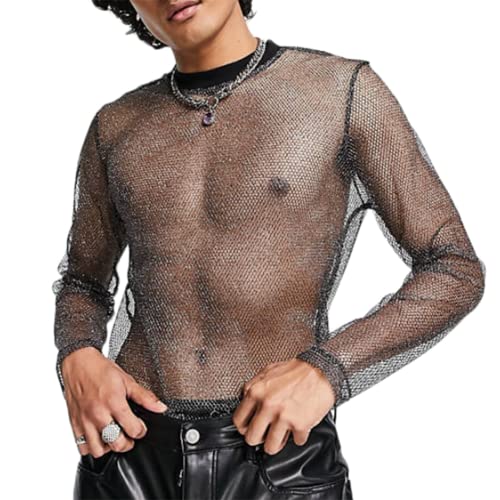 Men Mesh Fishnet Long Sleeve Transparent T-Shirt See Through Tank Top Vest Clubwear (Size:M,Color:Schwarz) von JPXJGT