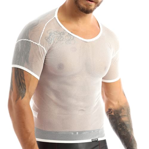 Men's See Through Shirts Fishnet Mesh Fitted Short Sleeve T-Shirts Breathable Undershirt Clubwear(Size:M,Color:Weiß) von JPXJGT