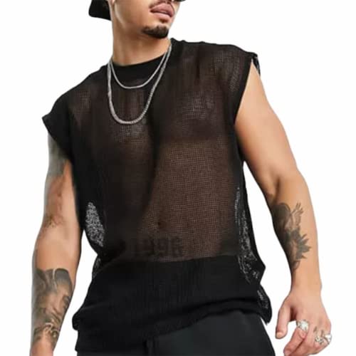 Men's Transparent Sleeveless Fishnet Tank Top Mesh Sheer Undershirt Semi See Thru (Size:M,Color:Schwarz) von JPXJGT