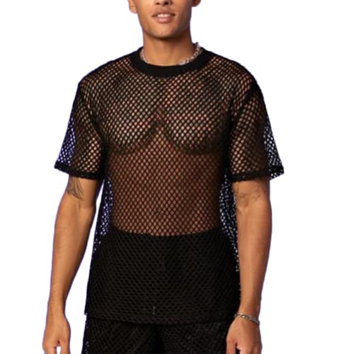 Men's Transparent T-Shirt Mesh Fishnet Undershirt Hollow Out Tank Top (Size:XXL,Color:Schwarz) von JPXJGT