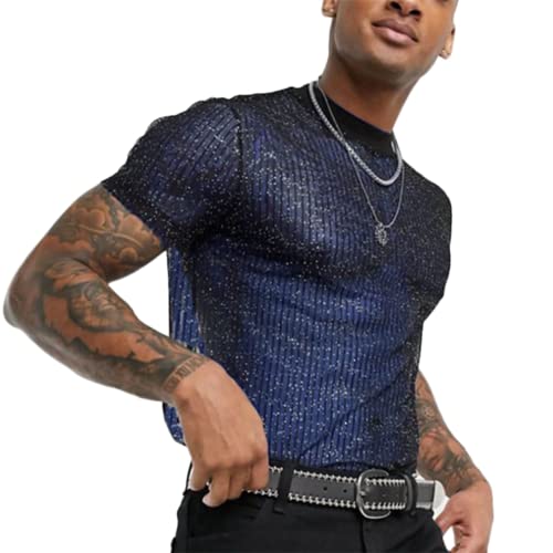 Mens See Through Tank Top Shirt Fitted Muscle Sheer Undershirt Workout Hollow Clubwear(Size:5XL,Color:Blau) von JPXJGT
