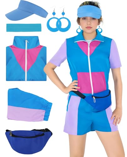 JQAKFIY 80er Jahre Outfit für Damen, 90er-Jahre-Trainingsanzug, Neon-Workout-Kostüme, Retro-Party, Halloween, Paare, Hippie-Zubehör, Set 02, Large von JQAKFIY