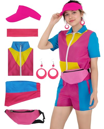 JQAKFIY 80er Jahre Outfit für Damen, 90er-Jahre-Trainingsanzug, Neon-Workout-Kostüme, Retro-Party, Halloween, Paare, Hippie-Zubehör, Set 03, X-Large von JQAKFIY