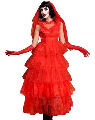 JQAKFIY Lydia Kostüm für Damen, rotes Hochzeitskleid, Deetz-Braut, 80er-Jahre, Halloween, Cosplay, Gothic-Outfit mit Schleier-Handschuhen, Rot, lang, XXL JQAKFIY Lydia Kostüm für Damen, rotes Hochzeitskleid, Deetz-Braut, 80er-Jahre, Halloween, Cosplay, Gothic-Outfit mit Schleier-Handschuhen, Rot, lang, XXL von JQAKFIY