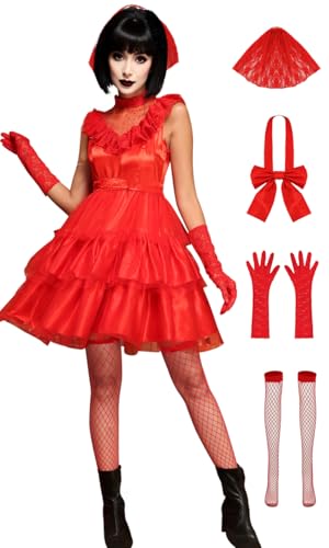 JQAKFIY Lydia Kostüm für Damen, rotes Hochzeitskleid, Deetz-Braut, 80er-Jahre, Halloween, Cosplay, Gothic-Outfit mit Schleier-Handschuhen, Rote kurze Hose, XS JQAKFIY Lydia Kostüm für Damen, rotes Hochzeitskleid, Deetz-Braut, 80er-Jahre, Halloween, Cosplay, Gothic-Outfit mit Schleier-Handschuhen, Rote kurze Hose, XS von JQAKFIY
