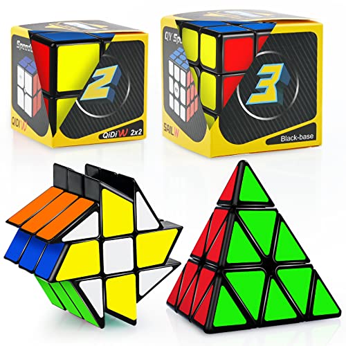 JQGO Zauberwürfel Set, 4 Stück Magic Speed Cube Set 2x2 3x3 Pyraminx Fisher, PVC Aufkleber Magic Cubes Speed Puzzle Cube für Kinder & Erwachsene - Einfaches Drehen & Glatt Spielen von JQGO