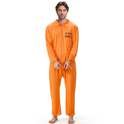 Halloween Häftling Overall Kostüm für Erwachsene Orange Insassen Outfits für Männer & Frauen, Orange/Abendrot im Zickzackmuster (Sunset Chevron), XL von JQMAO