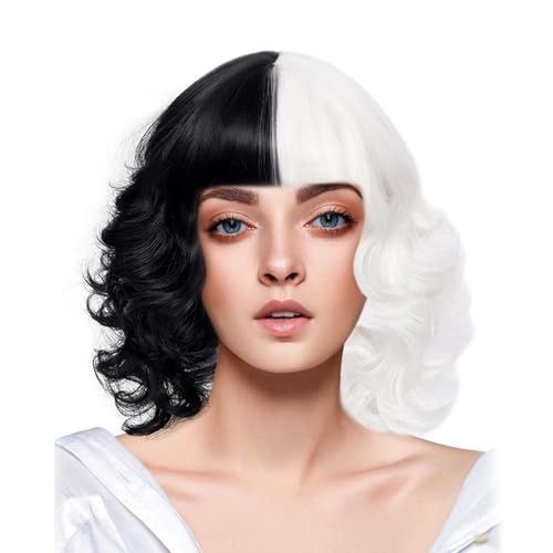 JQMAO Halloween Kostüm Damen für Cruella Devil : Faschingskostüme Weißes Kleid - Karneval Fancy Dress (Wig) von JQMAO