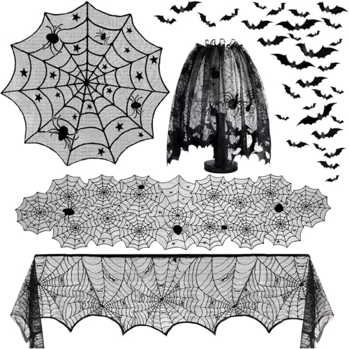 5er-Pack Halloween-Dekorationen: Indoor-Spinnennetz-Tischdecken, Tischläufer, Kaminsims, Spinnennetz-Lampenschirme und gruselige 3D-Fledermäuse für gruselige Heimdekoration von JQTOP