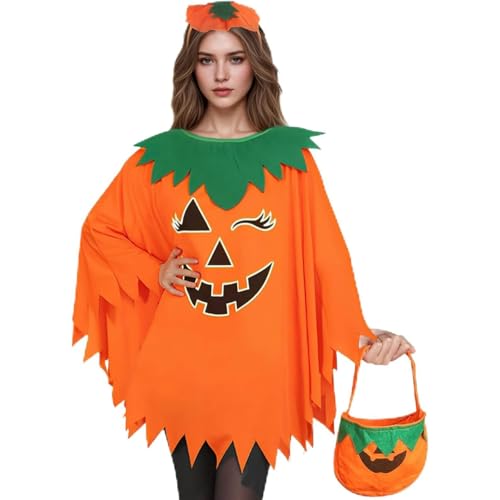 JQTOP 3-teiliges Halloween-Kürbis-Kostüm für Damen, leuchtet im Dunkeln, enthält Poncho, Stirnband und Süßigkeitenbeutel mit 3D-Kragen-Design, Einheitsgröße von JQTOP