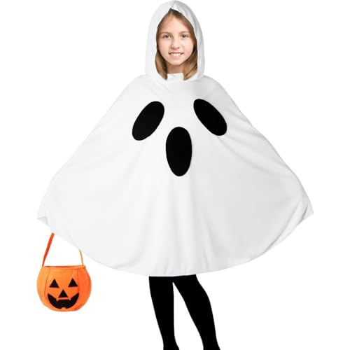 JQTOP Geisterkostüm für Kinder, weißer Poncho mit Kapuze, Umhang mit Kürbis-Leckerli-Tasche, gruseliges Halloween-Outfit für Mädchen (Erwachsene) von JQTOP