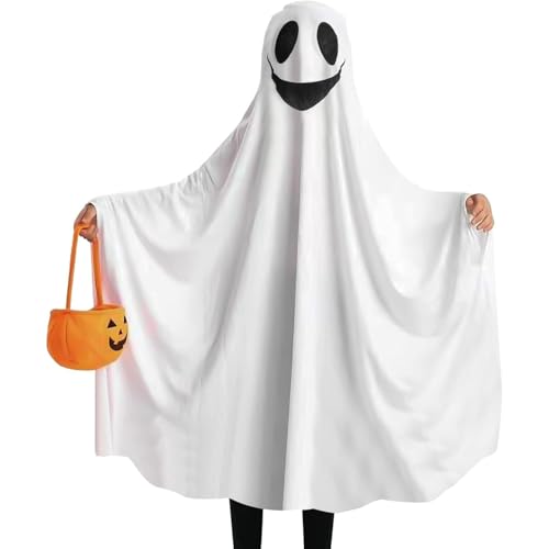 JQTOP Halloween-Geister-Kostüm für Kinder mit Kürbis-Leckerli-Eimer, perfekt für Jungen und Mädchen im Alter von 5–9 Jahren, ideal für Kostümpartys und Süßes oder Saures von JQTOP