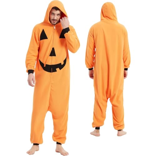 JQTOP Halloween-Overall für Erwachsene – Hot Stamping Nerzpelz Damen Jumpsuit, Unisex, Halloween, Cosplay, Pyjama, Kostüm (Kürbis) von JQTOP