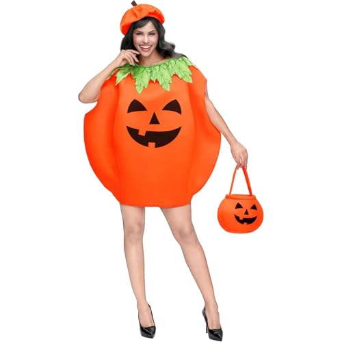 JQTOP Kürbis-Kostüm-Set für Erwachsene, 3-teilig, enthält Kürbishut, Süßigkeitentüte und perfekt für Halloween-Rollenspiele von JQTOP