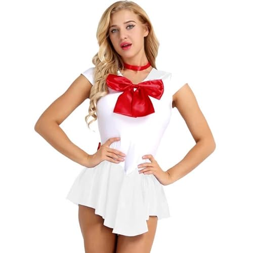 JQYTEN Anime Cosplay Costume Shiny PVC Faux Leather Short Sleeve Flared Sailor Mini Dress Halloween Clothes For Beautiful Girls von JQYTEN