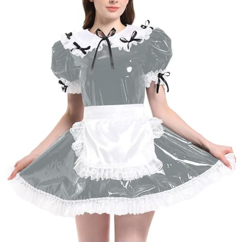 JQYTEN Puffärmelige französische Dienstmädchenuniformen im Wetlook aus PVC-Leder mit Schürze, Lolita-Cosplay-Teddy-Babydoll JQYTEN Puffärmelige französische Dienstmädchenuniformen im Wetlook aus PVC-Leder mit Schürze, Lolita-Cosplay-Teddy-Babydoll von JQYTEN