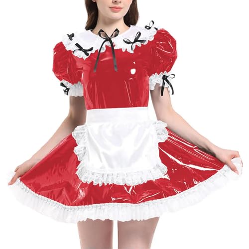 JQYTEN Puffärmelige französische Dienstmädchenuniformen im Wetlook aus PVC-Leder mit Schürze, Lolita-Cosplay-Teddy-Babydoll JQYTEN Puffärmelige französische Dienstmädchenuniformen im Wetlook aus PVC-Leder mit Schürze, Lolita-Cosplay-Teddy-Babydoll von JQYTEN