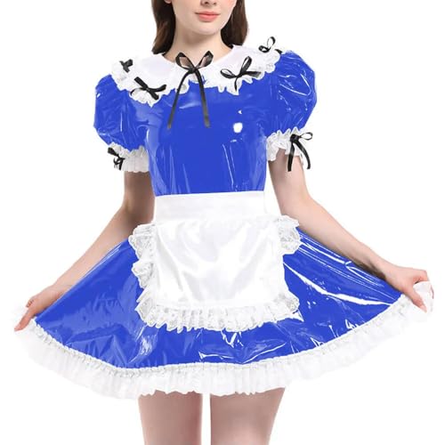 JQYTEN Puffärmelige französische Dienstmädchenuniformen im Wetlook aus PVC-Leder mit Schürze, Lolita-Cosplay-Teddy-Babydoll JQYTEN Puffärmelige französische Dienstmädchenuniformen im Wetlook aus PVC-Leder mit Schürze, Lolita-Cosplay-Teddy-Babydoll von JQYTEN