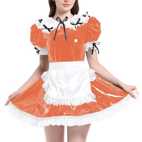 JQYTEN Puffärmelige französische Dienstmädchenuniformen im Wetlook aus PVC-Leder mit Schürze, Lolita-Cosplay-Teddy-Babydoll JQYTEN Puffärmelige französische Dienstmädchenuniformen im Wetlook aus PVC-Leder mit Schürze, Lolita-Cosplay-Teddy-Babydoll von JQYTEN