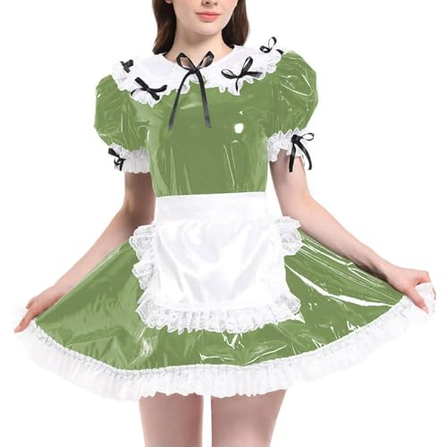 JQYTEN Puffärmelige französische Dienstmädchenuniformen im Wetlook aus PVC-Leder mit Schürze, Lolita-Cosplay-Teddy-Babydoll JQYTEN Puffärmelige französische Dienstmädchenuniformen im Wetlook aus PVC-Leder mit Schürze, Lolita-Cosplay-Teddy-Babydoll von JQYTEN