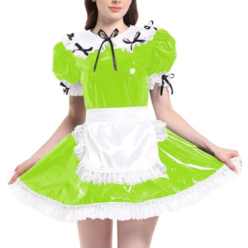 JQYTEN Puffärmelige französische Dienstmädchenuniformen im Wetlook aus PVC-Leder mit Schürze, Lolita-Cosplay-Teddy-Babydoll JQYTEN Puffärmelige französische Dienstmädchenuniformen im Wetlook aus PVC-Leder mit Schürze, Lolita-Cosplay-Teddy-Babydoll von JQYTEN