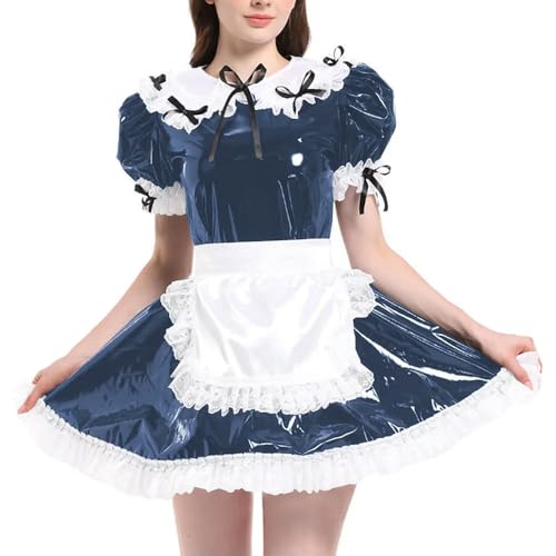 JQYTEN Puffärmelige französische Dienstmädchenuniformen im Wetlook aus PVC-Leder mit Schürze, Lolita-Cosplay-Teddy-Babydoll JQYTEN Puffärmelige französische Dienstmädchenuniformen im Wetlook aus PVC-Leder mit Schürze, Lolita-Cosplay-Teddy-Babydoll von JQYTEN