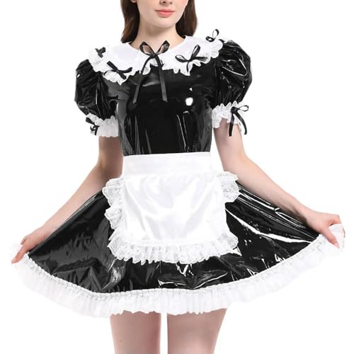 JQYTEN Puffärmelige französische Dienstmädchenuniformen im Wetlook aus PVC-Leder mit Schürze, Lolita-Cosplay-Teddy-Babydoll JQYTEN Puffärmelige französische Dienstmädchenuniformen im Wetlook aus PVC-Leder mit Schürze, Lolita-Cosplay-Teddy-Babydoll von JQYTEN