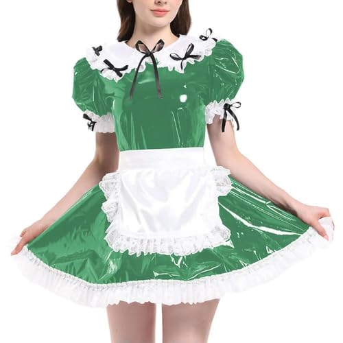 JQYTEN Puffärmelige französische Dienstmädchenuniformen im Wetlook aus PVC-Leder mit Schürze, Lolita-Cosplay-Teddy-Babydoll von JQYTEN