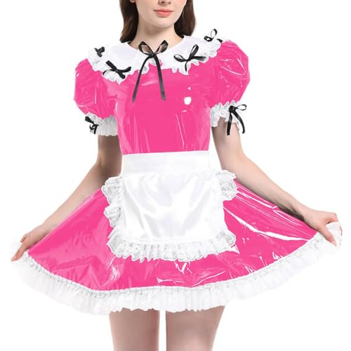 JQYTEN Puffärmelige französische Dienstmädchenuniformen im Wetlook aus PVC-Leder mit Schürze, Lolita-Cosplay-Teddy-Babydoll von JQYTEN
