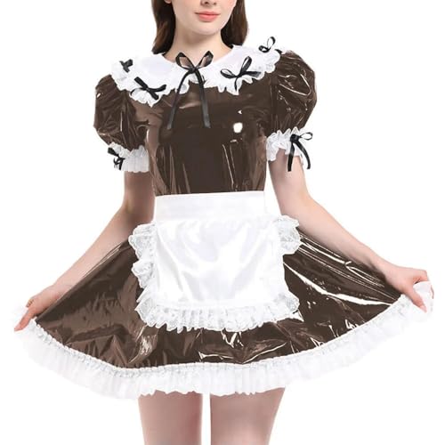 JQYTEN Puffärmelige französische Dienstmädchenuniformen im Wetlook aus PVC-Leder mit Schürze, Lolita-Cosplay-Teddy-Babydoll von JQYTEN