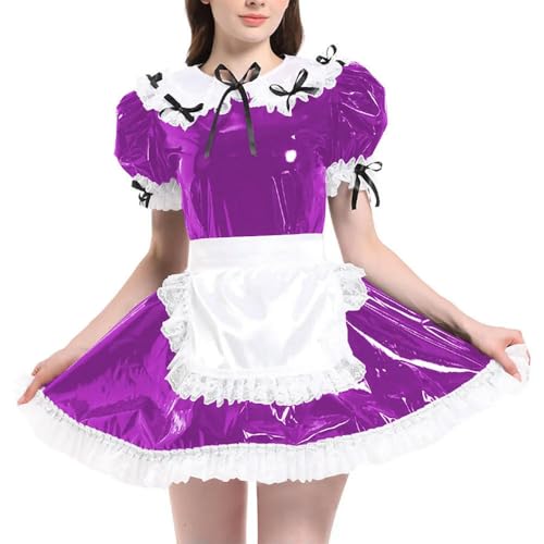JQYTEN Puffärmelige französische Dienstmädchenuniformen im Wetlook aus PVC-Leder mit Schürze, Lolita-Cosplay-Teddy-Babydoll von JQYTEN