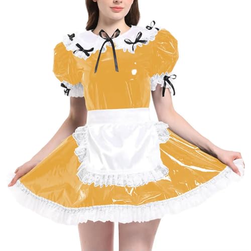 JQYTEN Puffärmelige französische Dienstmädchenuniformen im Wetlook aus PVC-Leder mit Schürze, Lolita-Cosplay-Teddy-Babydoll von JQYTEN