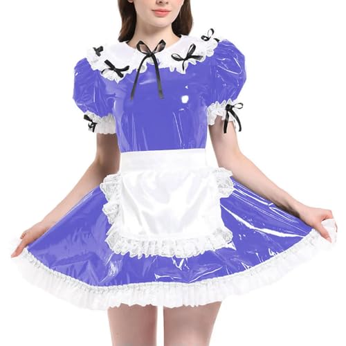 JQYTEN Puffärmelige französische Dienstmädchenuniformen im Wetlook aus PVC-Leder mit Schürze, Lolita-Cosplay-Teddy-Babydoll von JQYTEN