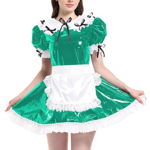 JQYTEN Puffärmelige französische Dienstmädchenuniformen im Wetlook aus PVC-Leder mit Schürze, Lolita-Cosplay-Teddy-Babydoll von JQYTEN