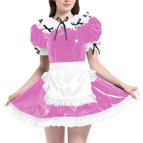 JQYTEN Puffärmelige französische Dienstmädchenuniformen im Wetlook aus PVC-Leder mit Schürze, Lolita-Cosplay-Teddy-Babydoll von JQYTEN