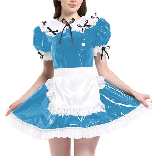 JQYTEN Puffärmelige französische Dienstmädchenuniformen im Wetlook aus PVC-Leder mit Schürze, Lolita-Cosplay-Teddy-Babydoll von JQYTEN