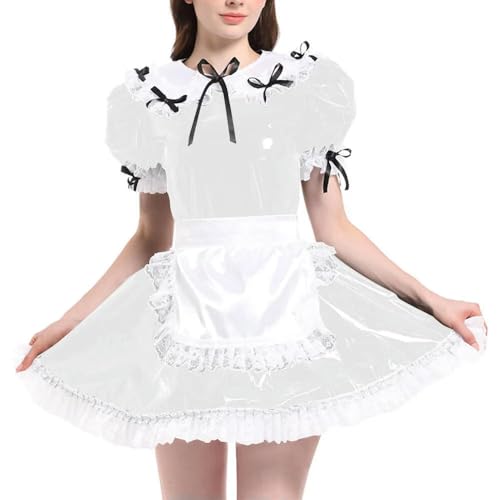 JQYTEN Puffärmelige französische Dienstmädchenuniformen im Wetlook aus PVC-Leder mit Schürze, Lolita-Cosplay-Teddy-Babydoll von JQYTEN