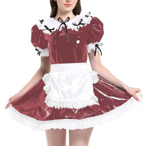 JQYTEN Puffärmelige französische Dienstmädchenuniformen im Wetlook aus PVC-Leder mit Schürze, Lolita-Cosplay-Teddy-Babydoll von JQYTEN