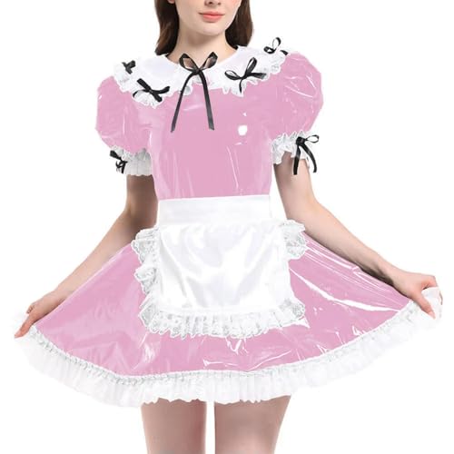 JQYTEN Puffärmelige französische Dienstmädchenuniformen im Wetlook aus PVC-Leder mit Schürze, Lolita-Cosplay-Teddy-Babydoll von JQYTEN