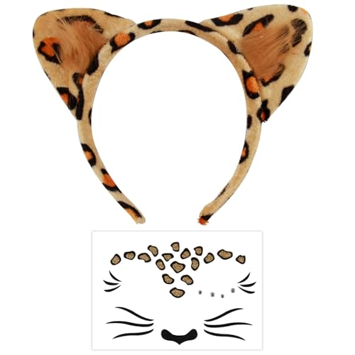 Leoparden Ohren Haarreif mit Gesichtstattoo für Damen und Kinder, Glitzer Leoparden Tattoo Gesicht Leopard Kostüm Zubehör mit Behaarten Ohrstirnbändern Hair Hoops für Karneval, Fasching Mottoparty von JRILUO